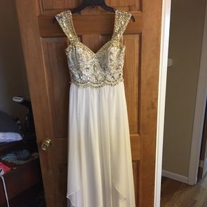 White jeweled cap-sleeve prom dress